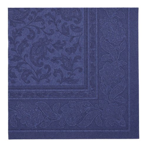 A PAPSTAR 50 napkins "ROYAL Collection" 1/4-fold 40 x 40 cm in dark blue from PAPSTAR GmbH, with an embossed floral and paisley border, is presented flat against a solid background.