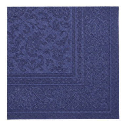A PAPSTAR 50 napkins "ROYAL Collection" 1/4-fold 40 x 40 cm in dark blue from PAPSTAR GmbH, with an embossed floral and paisley border, is presented flat against a solid background.