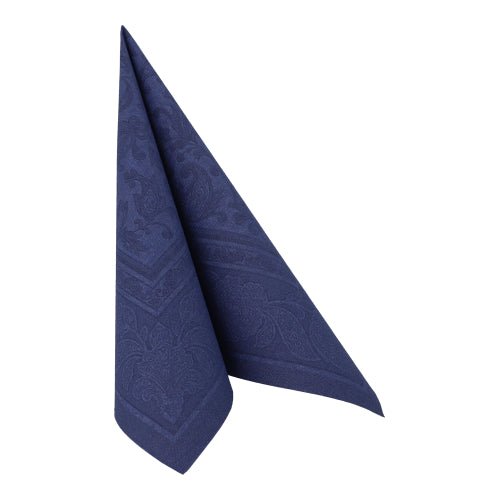 The napkin PAPSTAR 50 napkins "ROYAL Collection" 1/4-fold 40 x 40 cm dark blue from PAPSTAR GmbH is folded into a standing triangle and shows its subtle decorative pattern.