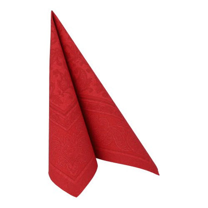 A single napkin of PAPSTAR GmbH from the "ROYAL Collection" (1/4-fold, 40x40 cm, burgundy) shows a subtle paisley pattern and is folded into a triangular shape.
