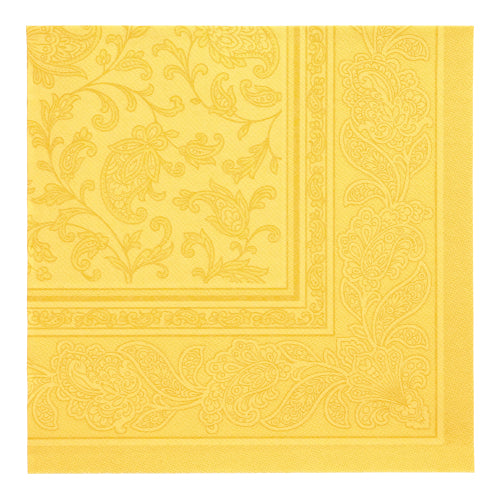 A yellow PAPSTAR GmbH 50 "ROYAL Collection" napkin (1/4-fold, 40 x 40 cm) with paisley and floral embossing is depicted folded from above.