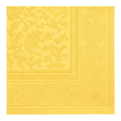 A yellow PAPSTAR GmbH 50 "ROYAL Collection" napkin (1/4-fold, 40 x 40 cm) with paisley and floral embossing is depicted folded from above.