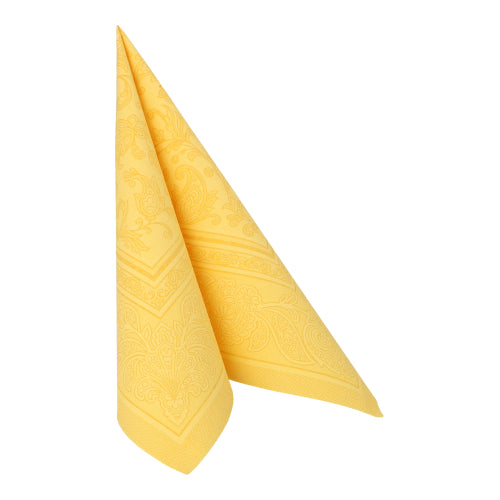 A yellow napkin by PAPSTAR GmbH "ROYAL Collection" (40 x 40 cm, 1/4-fold) is folded into a standing triangle against a white background.