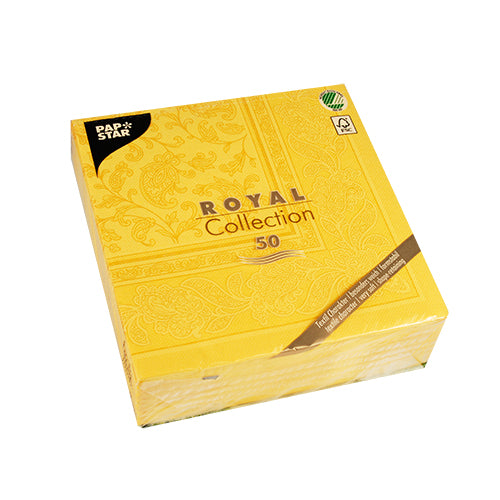 Depicted is a sealed pack of 50 PAPSTAR GmbH "ROYAL Collection" napkins 1/4-fold, 40 x 40 cm, yellow, with embossed floral packaging, on a white background.