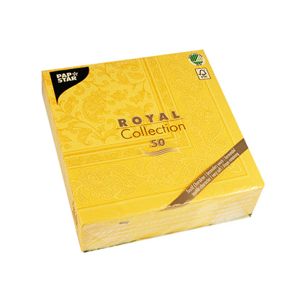 Depicted is a sealed pack of 50 PAPSTAR GmbH "ROYAL Collection" napkins 1/4-fold, 40 x 40 cm, yellow, with embossed floral packaging, on a white background.