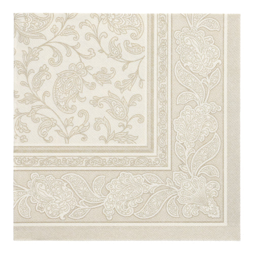 The square napkin PAPSTAR 50 napkins "ROYAL Collection" (40 x 40 cm, champagne) from PAPSTAR GmbH features an elegant paisley and floral border with a light center and detailed design.
