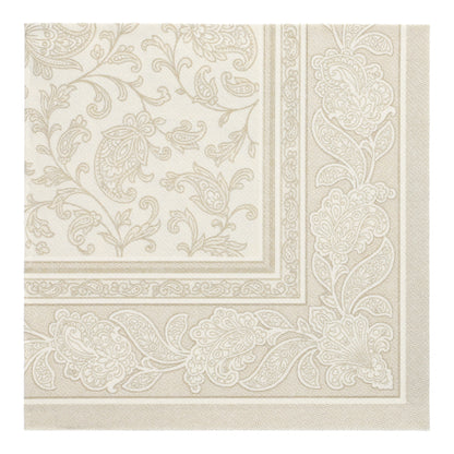 The square napkin PAPSTAR 50 napkins "ROYAL Collection" (40 x 40 cm, champagne) from PAPSTAR GmbH features an elegant paisley and floral border with a light center and detailed design.