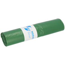 Eine Rolle grüner Müllsäcke der EMIL DEISS KG (GmbH + Co.), DEISS 12022 - 700x1100 mm Typ 60, Rolle (25 Stück), mit einem weiß-blauen Etikett in der Mitte, wird vor einem unifarbenen Hintergrund dargestellt.