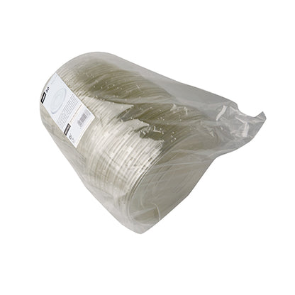 A transparent plastic bag with 50 round Starpak R-PET lids for salad bowls (Ø18 cm, 1.5 cm high), partially visible with a side label; made of durable R-PET for secure storage.