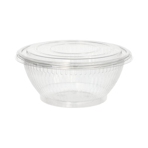 The Starpak 50 lids for salad bowls are transparent, round R-PET lids (Ø 18 cm, height 1.5 cm) for secure storage. They are delivered in a pack of 50 pieces and are depicted on a plain white background.