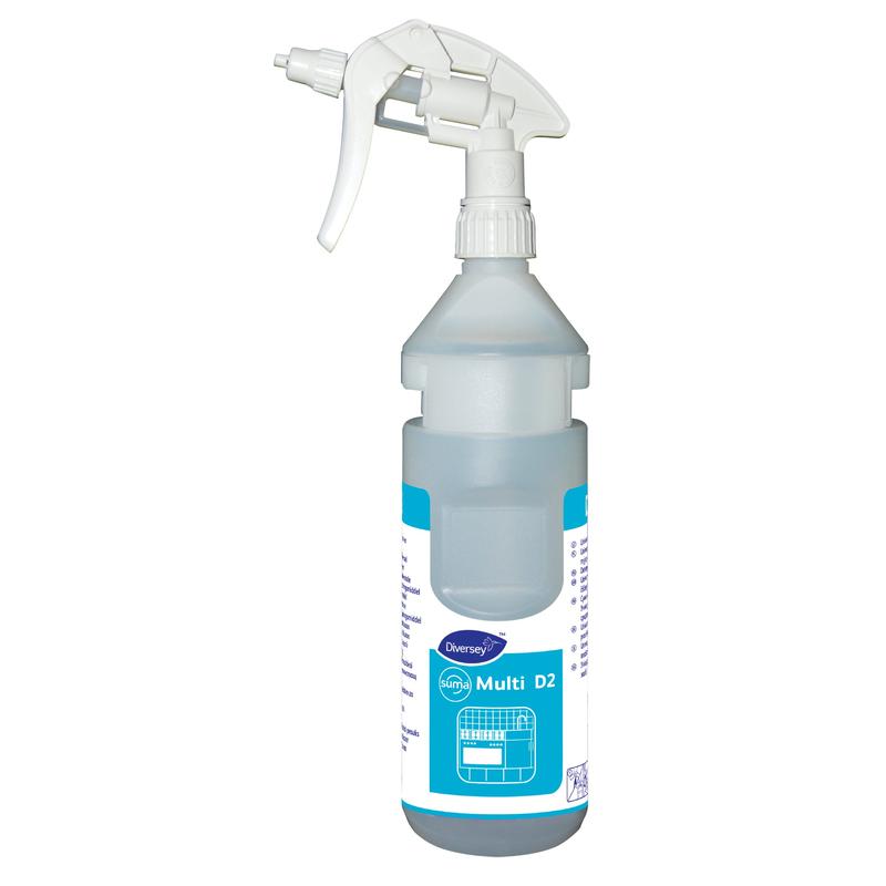 A 0.75L transparent spray bottle labeled "Bottle Kit Suma Multi-conc D2 conc" from Diversey Deutschland GmbH & Co. OHG, including dispenser tape; ideal as a refill bottle for Divermite and DQFM cleaning systems.