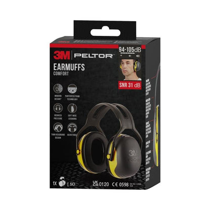 A black and yellow box of the 3M™ PELTOR™ Comfort Earmuffs from 3M Deutschland GmbH with a product image, function symbols, a person wearing the earmuffs, 31 dB noise reduction, and suitability for environments with 94-105 dB.