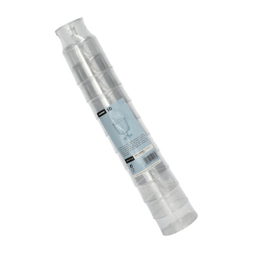 Tá carn de dheich ngloine gas Starpak 0.2l do fhíon dearg as polaistiréin soiléir (aonair, Ø7.2cm, 10cm ar airde) pacáilte i scannán craptha le lipéadú táirge gorm-bán agus íomhá gloine fíona.