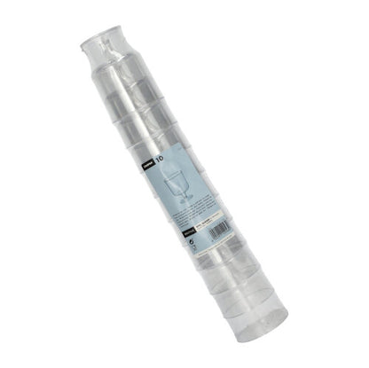 Tá carn de dheich ngloine gas Starpak 0.2l do fhíon dearg as polaistiréin soiléir (aonair, Ø7.2cm, 10cm ar airde) pacáilte i scannán craptha le lipéadú táirge gorm-bán agus íomhá gloine fíona.