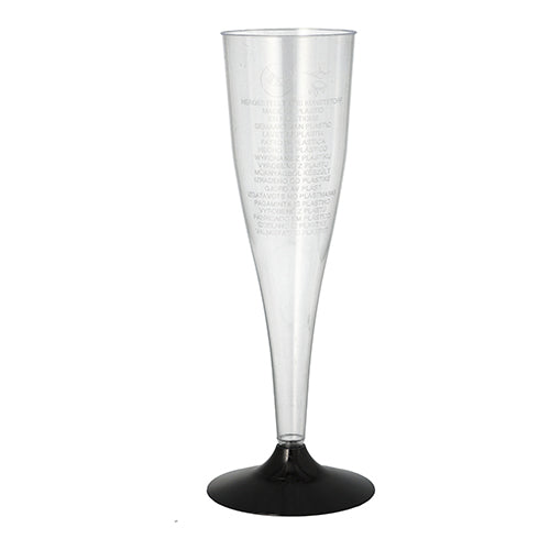 A crystal-clear Starpak sparkling wine glass (PS, 0.1 l, Ø 5 cm, 17.5 cm) with a black base stands against a white background. Shrink wrap packaging (5 pieces). Ideal for festive occasions.