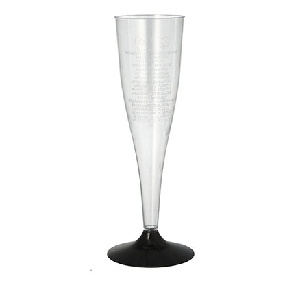A crystal-clear Starpak sparkling wine glass (PS, 0.1 l, Ø 5 cm, 17.5 cm) with a black base stands against a white background. Shrink wrap packaging (5 pieces). Ideal for festive occasions.
