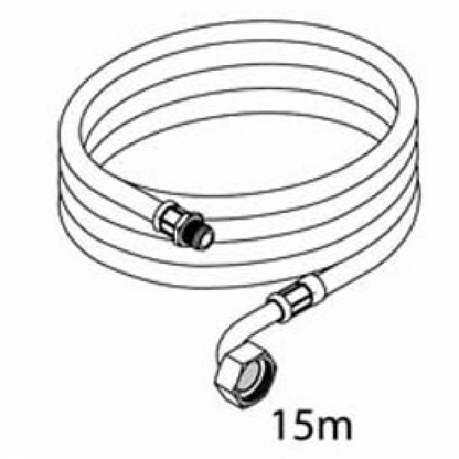 Black and white line drawing of the 15-meter-long "hose for J2000, with quick coupling" from Diversey Deutschland GmbH & Co. OHG, with connections at both ends and a quick coupling for easy attachment.