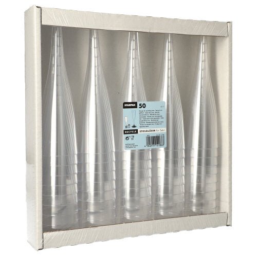A pack of 50 Starpak stem glasses for champagne (PS, 0.1 l, Ø 5 cm, 17.5 cm) is presented in a cardboard tray with a transparent front and visible central label in a crystal-clear design.
