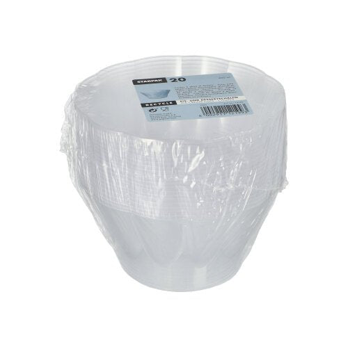 A stack of 20 transparent round Starpak PS dessert bowls (400 ml, Ø 12 cm, 7 cm) is wrapped in plastic foil and placed on a cardboard tray with brand printing. The background is plain white.