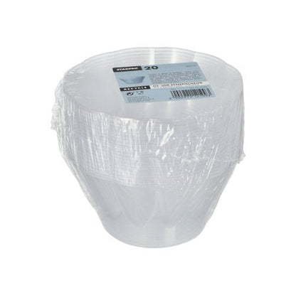 A stack of 20 transparent round Starpak PS dessert bowls (400 ml, Ø 12 cm, 7 cm) is wrapped in plastic foil and placed on a cardboard tray with brand printing. The background is plain white.
