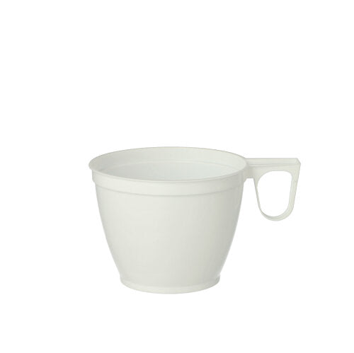 A simple white Starpak 60 coffee cup, PS 0.18 l cup with a wide, rounded body and small flat handle on the right side, against a white background.