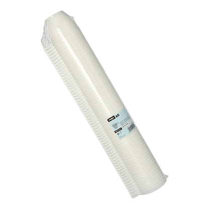 Pictured is a stack of 60 white Starpak coffee cups (PS, 0.18 l, Ø7.8 cm, 6 cm) wrapped in shrink wrap with a product label displaying details and quantity against a white background.