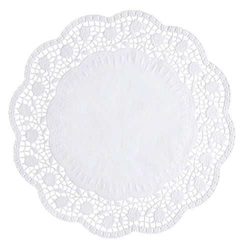 The PAPSTAR 100 round, white doilies from PAPSTAR GmbH is a round white doily with a solid core and a filigree, lace-like wavy edge with floral and geometric patterns made from FSC-certified material.