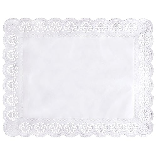 The PAPSTAR 100 decorative paper doilies square, white from PAPSTAR GmbH is a rectangular white doily with a plain center and an ornate lace edge with circle and fan motifs.