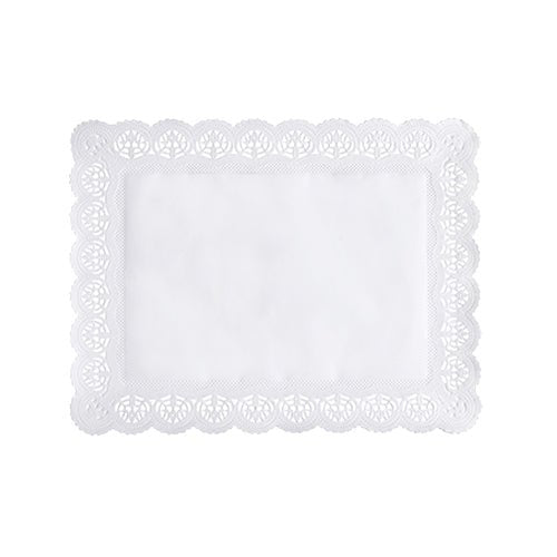 The PAPSTAR 100 decorative paper doilies square, white from PAPSTAR GmbH are rectangular with lace-like, scalloped edges and a solid center on a plain white background.