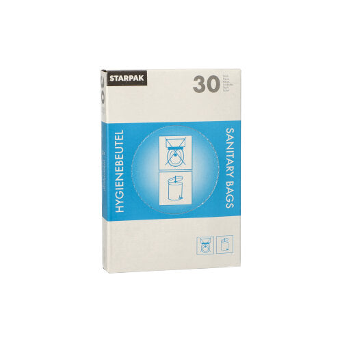 Tá an bosca dáileoir Starpak comhdhéanta de 30 málaí sláinteachais bána (28,5 x 8 x 7 cm) le pacáistiú gorm-bán, leis an inscríbhinn „HYGIENEBEUTEL“ agus „SANITARY BAGS“, le treoracha agus íomhánna bosca bruscair ar an taobh tosaigh.