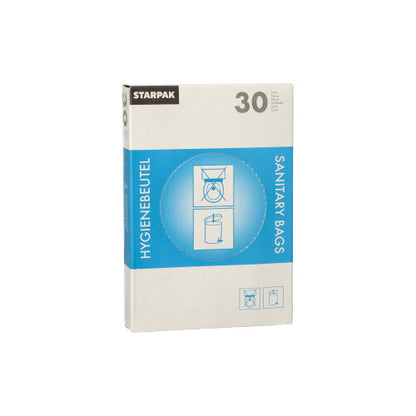 Tá an bosca dáileoir Starpak comhdhéanta de 30 málaí sláinteachais bána (28,5 x 8 x 7 cm) le pacáistiú gorm-bán, leis an inscríbhinn „HYGIENEBEUTEL“ agus „SANITARY BAGS“, le treoracha agus íomhánna bosca bruscair ar an taobh tosaigh.