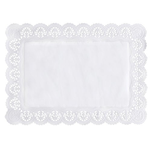 The PAPSTAR 100 decorative paper doilies square, white from PAPSTAR GmbH is a rectangular white doily with an intricate lace-like edge and a plain center, shown from above on a white background.