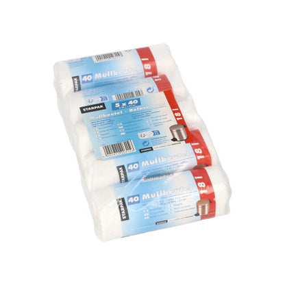 Stacked are four rolls of white Starpak 40 garbage bags (HDPE, 18L, 52x46 cm), each with blue-red German packaging showing a silver trash can, labeled with '40 garbage bags' and made of sturdy HDPE material.
