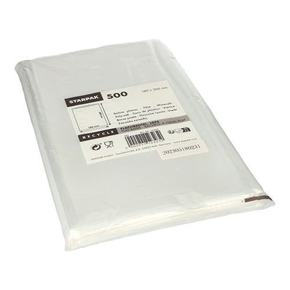 The Starpak 500 flat bag, transparent LDPE, offers a high-quality packaging solution. The flat bags are visible in transparent packaging with product information, recycling symbols, and a barcode on the label.