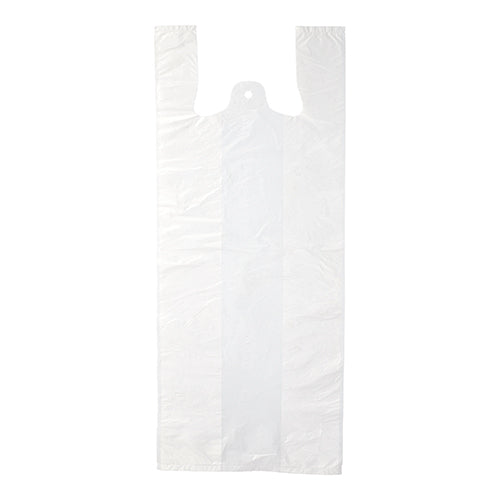 The Starpak 200 shirt carrier bags, white HDPE, are flat, transparent bags with two handles and a notch at the top. On a simple white background, this eco-friendly Starpak carrier bag is ideal for daily use.