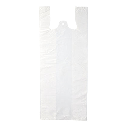The Starpak 200 shirt carrier bags, white HDPE, are flat, transparent bags with two handles and a notch at the top. On a simple white background, this eco-friendly Starpak carrier bag is ideal for daily use.