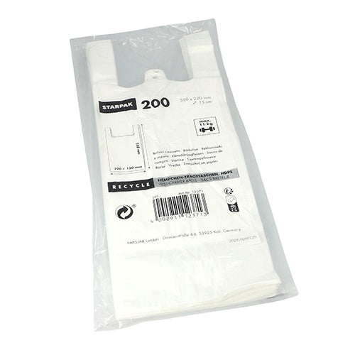 A transparent plastic package contains 200 Starpak shirt carrier bags made of white HDPE with handles. The label on the front shows product information, dimensions, recycling symbols for eco-friendliness, the Starpak brand, and a barcode.
