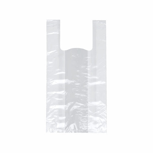 The Starpak 200 shirt carrier bag, white HDPE, is presented empty with two handles against a plain white background, emphasizing its lightweight and eco-friendly design.