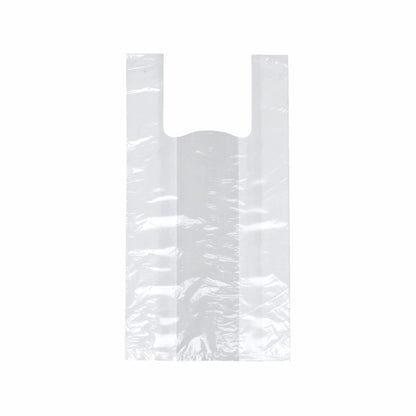 The Starpak 200 shirt carrier bag, white HDPE, is presented empty with two handles against a plain white background, emphasizing its lightweight and eco-friendly design.