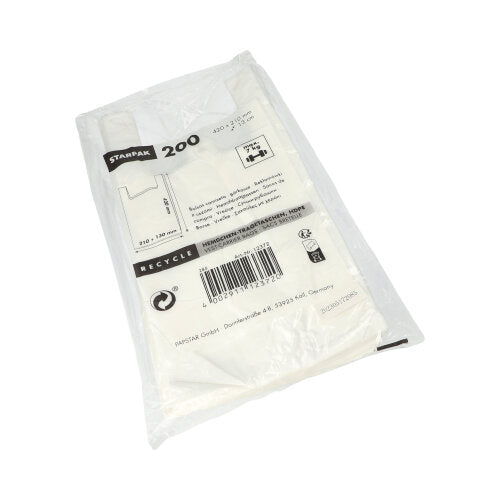 The Starpak 200 shirt carrier bags, white HDPE, are delivered in a transparent plastic package with printed text, a barcode, and information about eco-friendly recycling on the front.