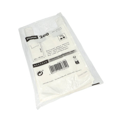 The Starpak 200 shirt carrier bags, white HDPE, are delivered in a transparent plastic package with printed text, a barcode, and information about eco-friendly recycling on the front.
