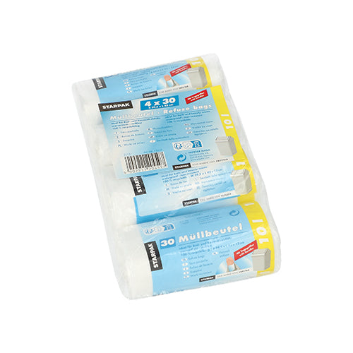 A pack of Starpak 120 garbage bags with carrying handles, HDPE 10 l, 42 cm x 39.5 cm transparent (120 pieces), is delivered in blue-white packaging with product information and pictures of garbage cans on the label.