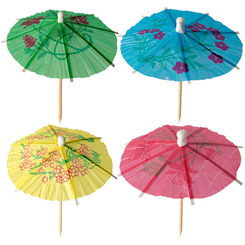 Six colorful PAPSTAR decoration picks "Eisschirmchen Asia" (10 cm) from PAPSTAR GmbH are displayed open with floral motifs and wooden sticks - the ideal party decoration for any festive event. Delivered in a bag with 6 pieces.