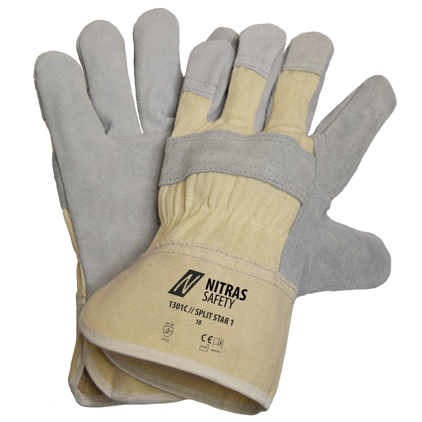 NITRAS SPLIT STAR 1, cow split leather gloves, natural color / gray, EN 388 cotton | Pack (12 pairs)