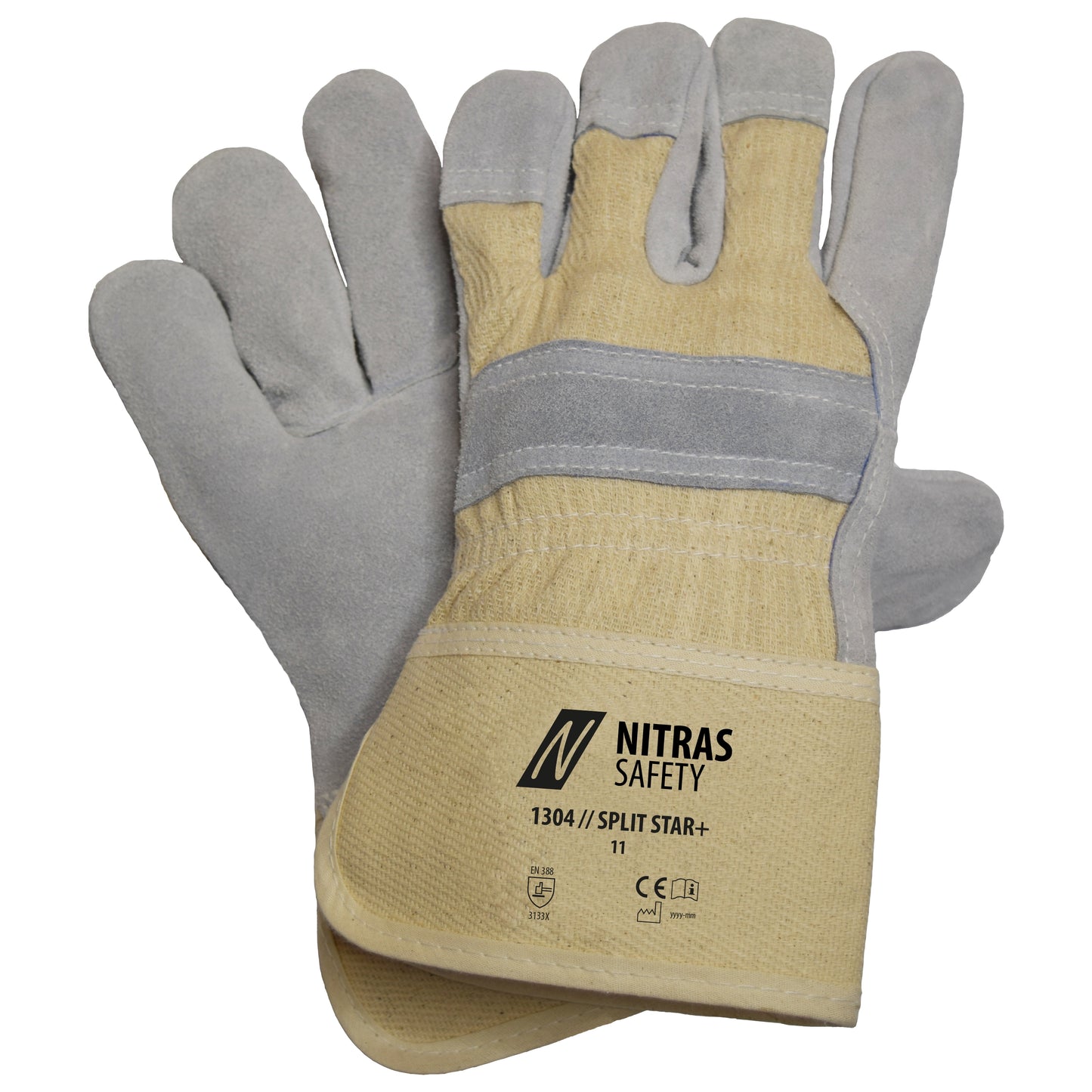NITRAS SPLIT STAR+, cow split leather gloves, natural color / gray, EN 388 cotton | Pack (12 pairs)