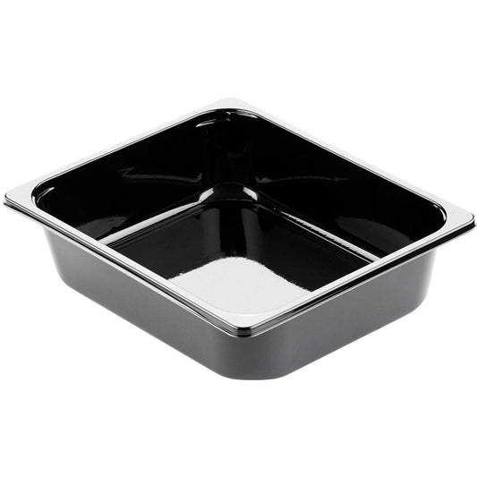 Die CPET-Schale 1/2 GN Schwarz CPET 325x265 der Duni GmbH ist eine schwarze rechteckige Backform mit silbern glänzendem Rand, ideal für die professionelle Gastronomie, abgebildet auf weißem Hintergrund.