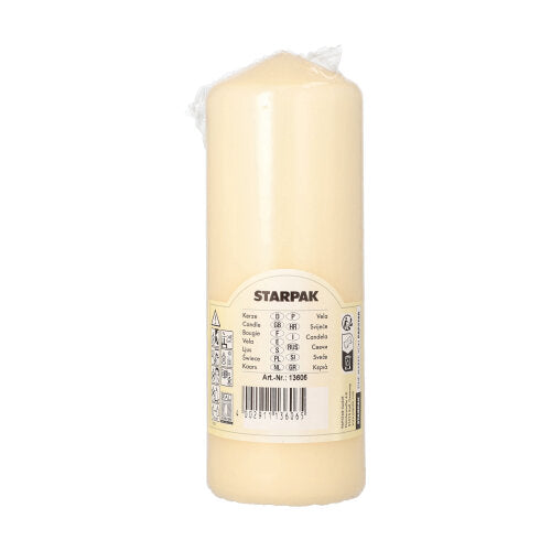 A cylindrical, cream-white Starpak pillar candle (Ø 60 mm, 165 mm) with extra long burning time, packaged in transparent foil. The label bears the inscription "Starpak" and multilingual product details.