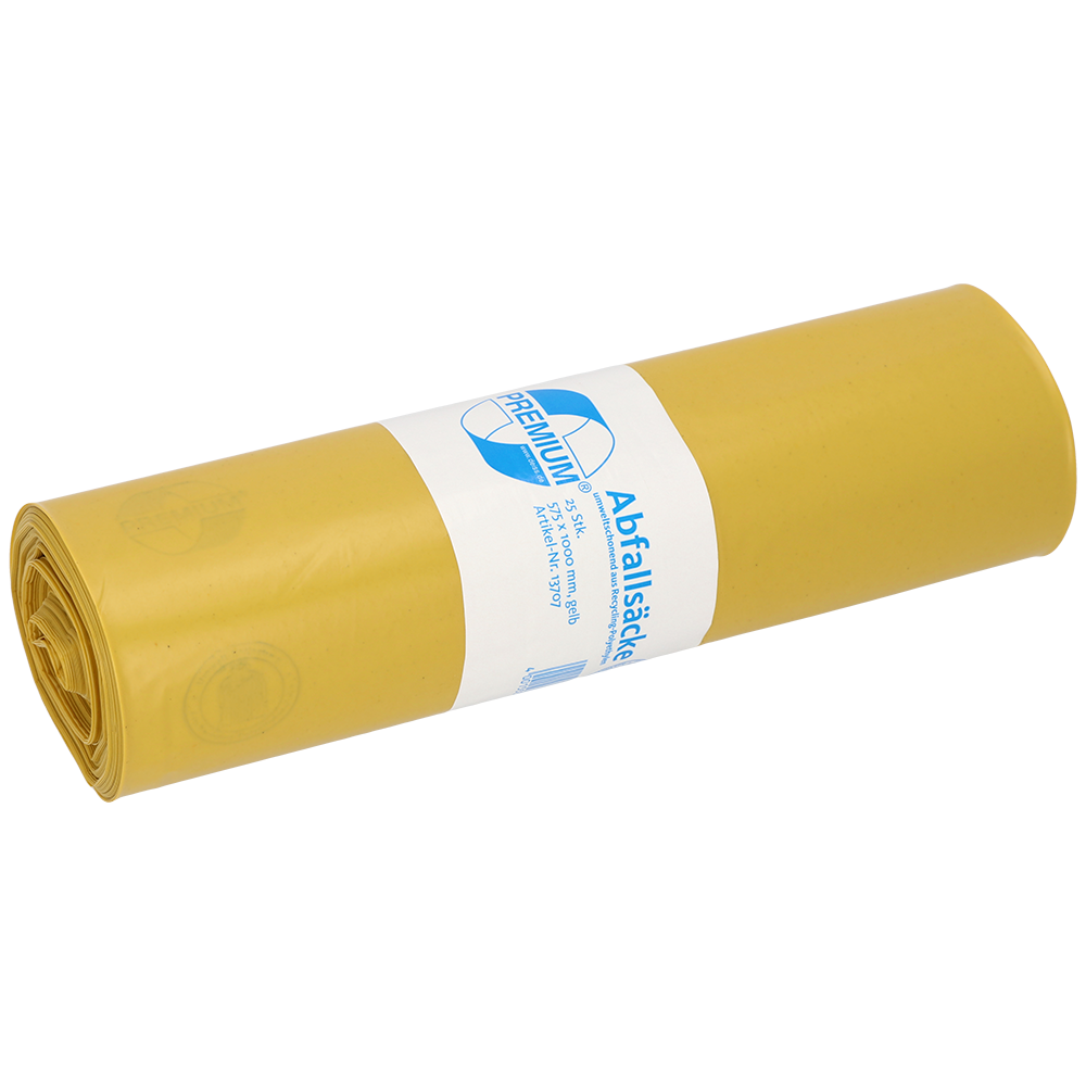 Eine Rolle gelber DEISS Müllsäcke 575x1000x0,06 mm aus Recycling-LDPE 70 l von EMIL DEISS KG (GmbH + Co.) ist mit einem weiß-blauen Etikett mit Produktangaben und Branding fest verpackt.