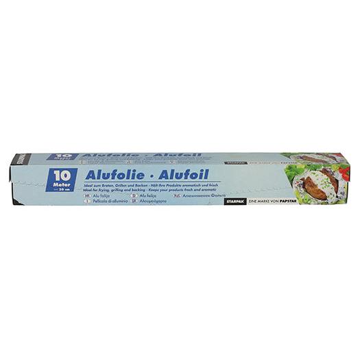 The Starpak aluminum foil in a folding box is a rectangular 10-meter long aluminum foil box with the inscription “Alufolie · Alufoil”. It features a light blue design with white and dark blue text, food images on the right side, and shows versatile applications.