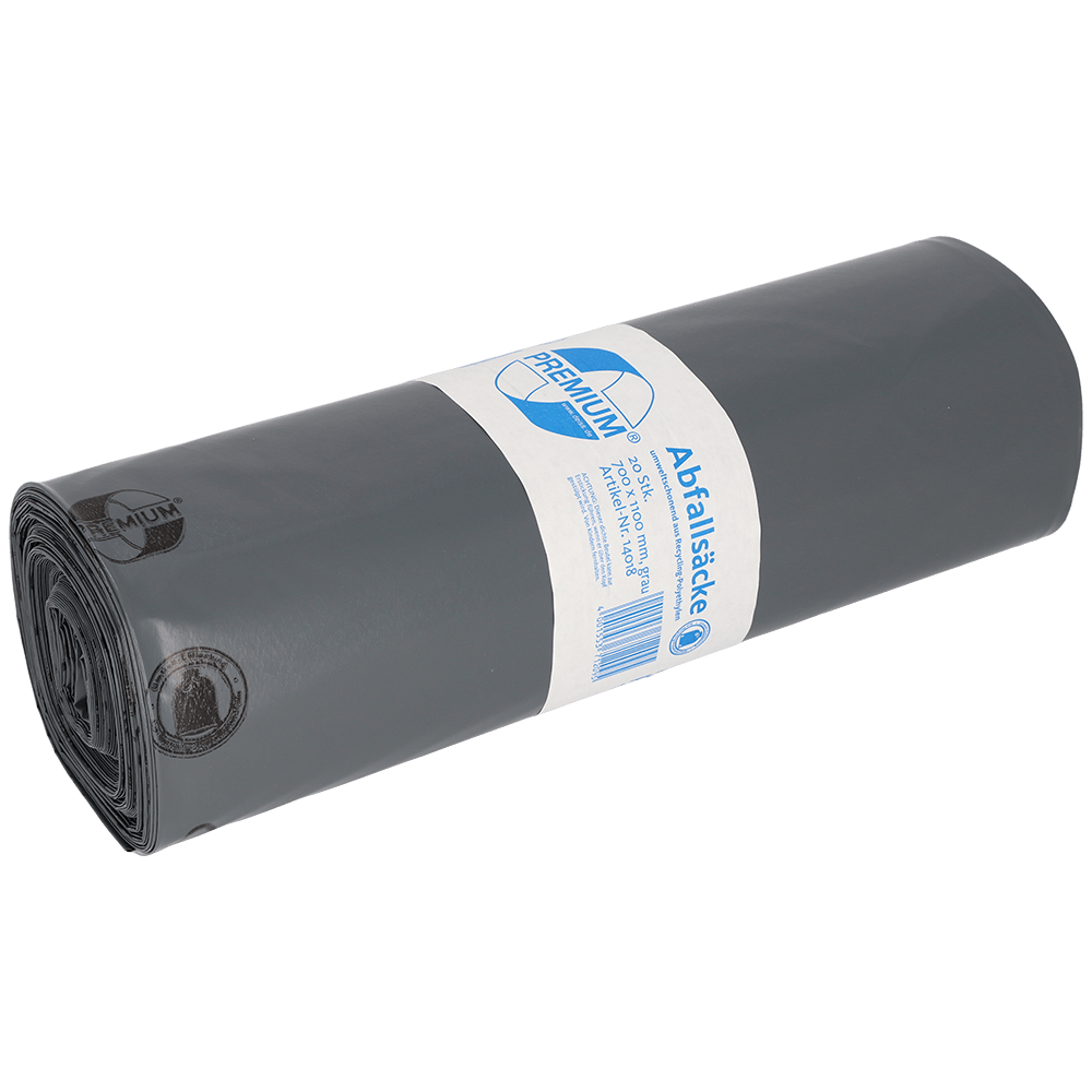 A roll of EMIL DEISS KG (GmbH + Co.) DEISS 14018 gray garbage bags (700x1100x0.1 mm, 20 pieces) is neatly packaged with a white-blue label with text and barcode on a white background.